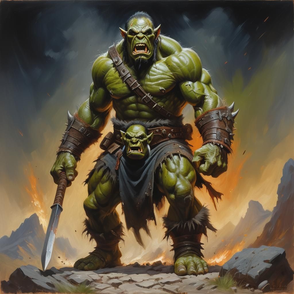 Furious Orc Warrior Oil Painting