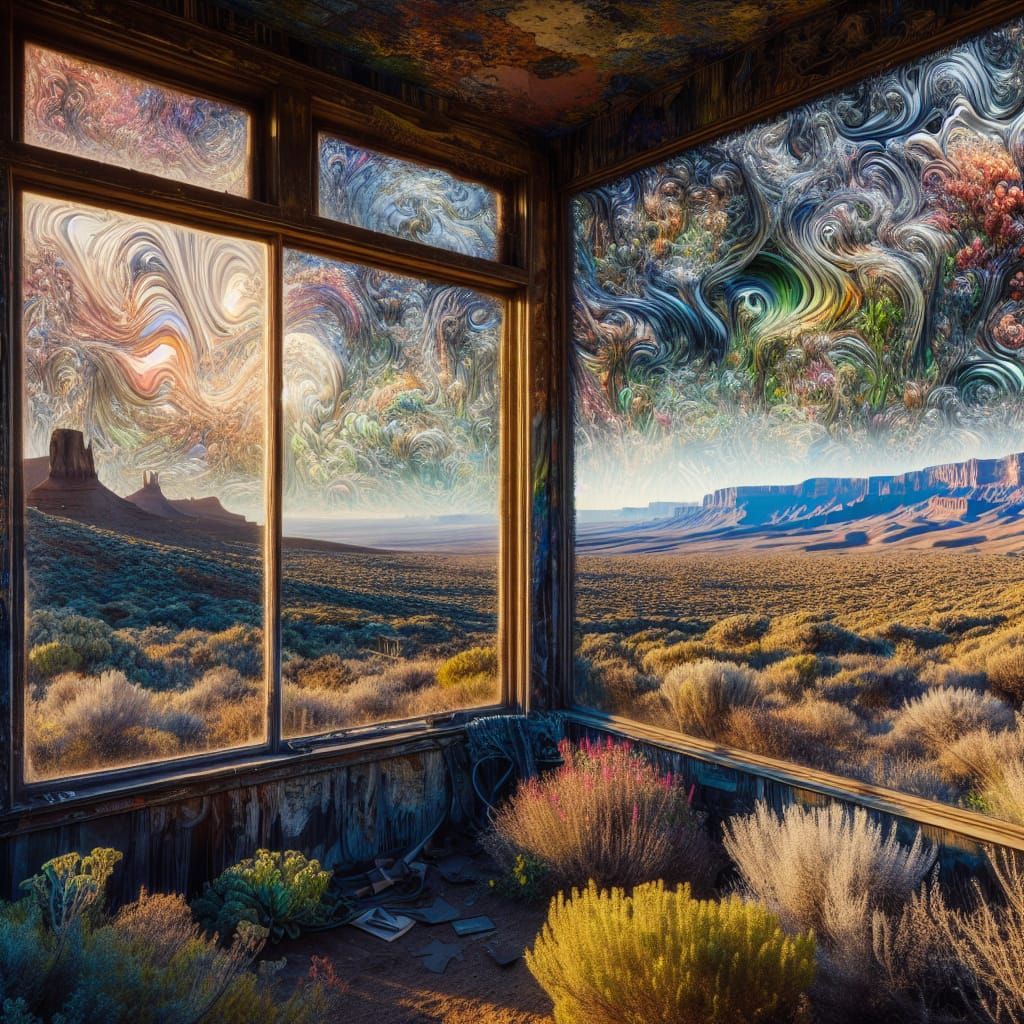 Haunting Western Landscape Reflected in Distorted Window