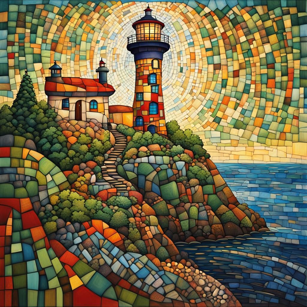 Colorful Lighthouse on Rocky Cliff in Hundertwasser Style