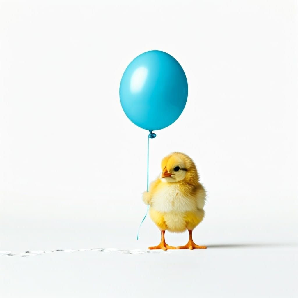 Cute Chick Holds Blue Balloon in Footprints on White Backgro...