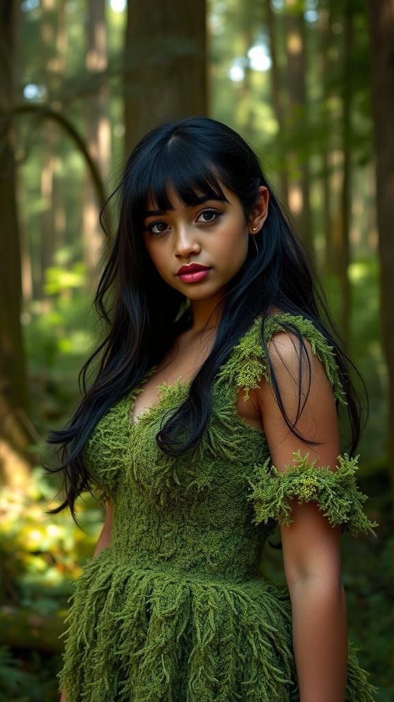 Forest Maiden in Lichen Dress, Sunlight Through Trees