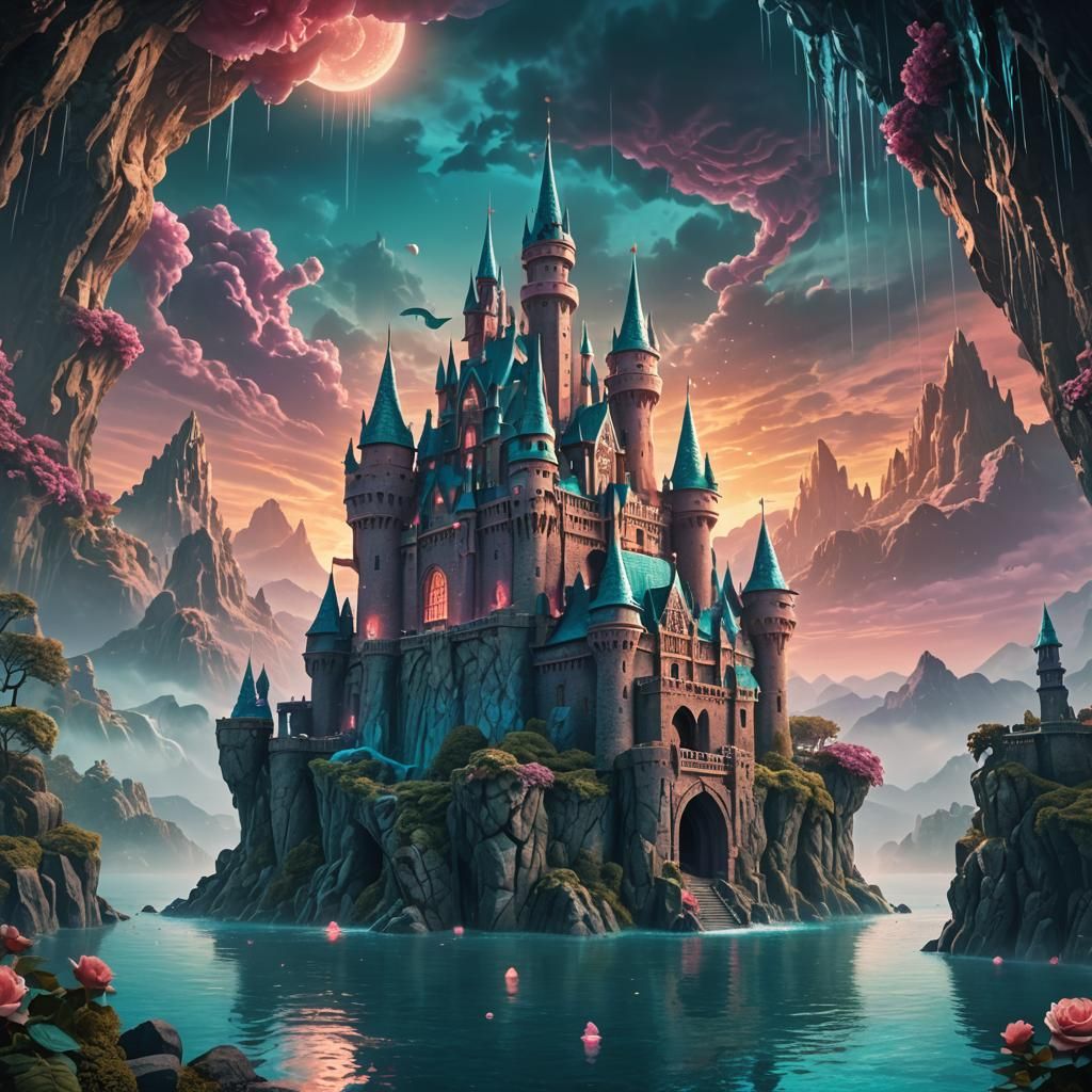 Teal and Rose Castle with Fantasy Monster in 3D