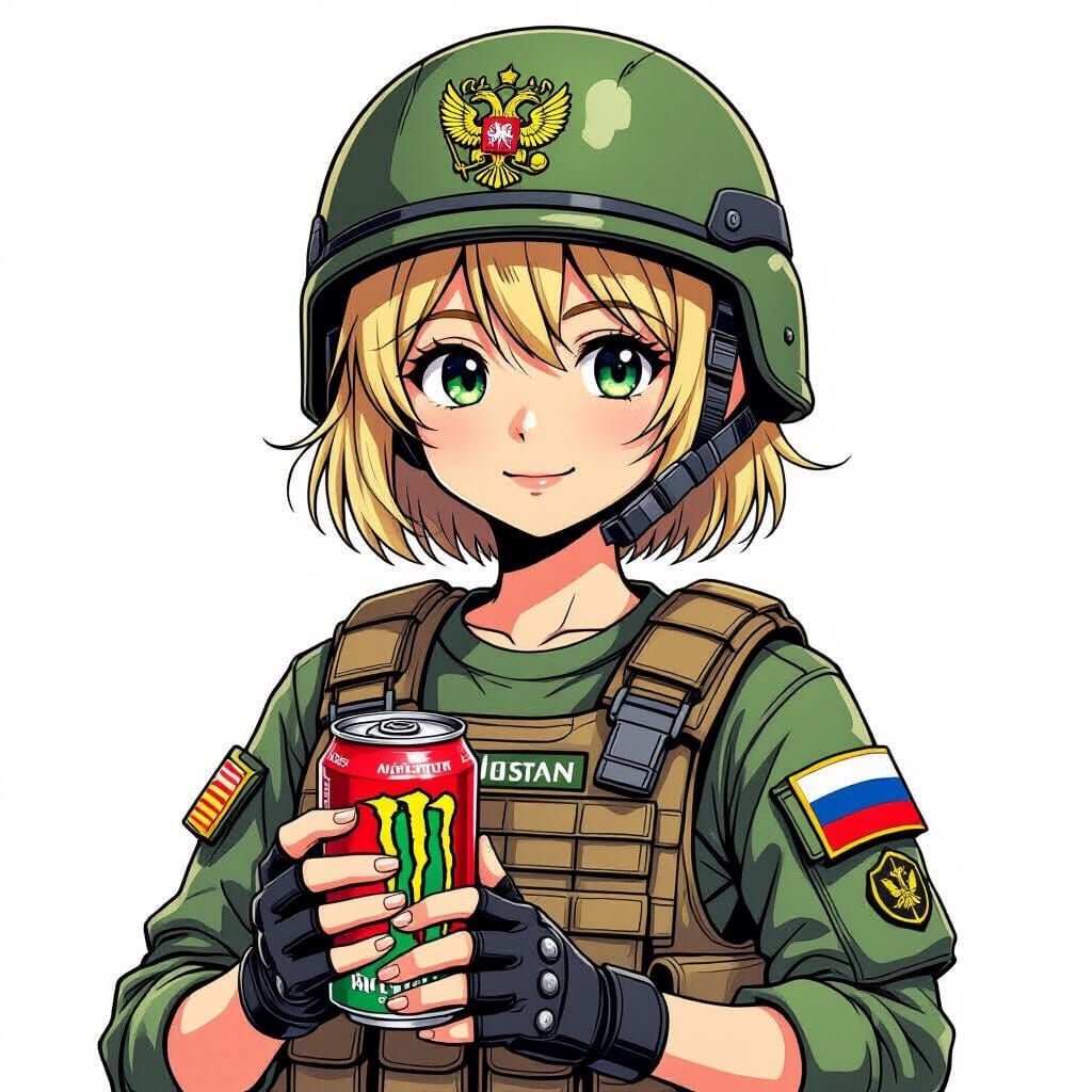 Anime Girl in Russian Military Gear Holding Energy Drink