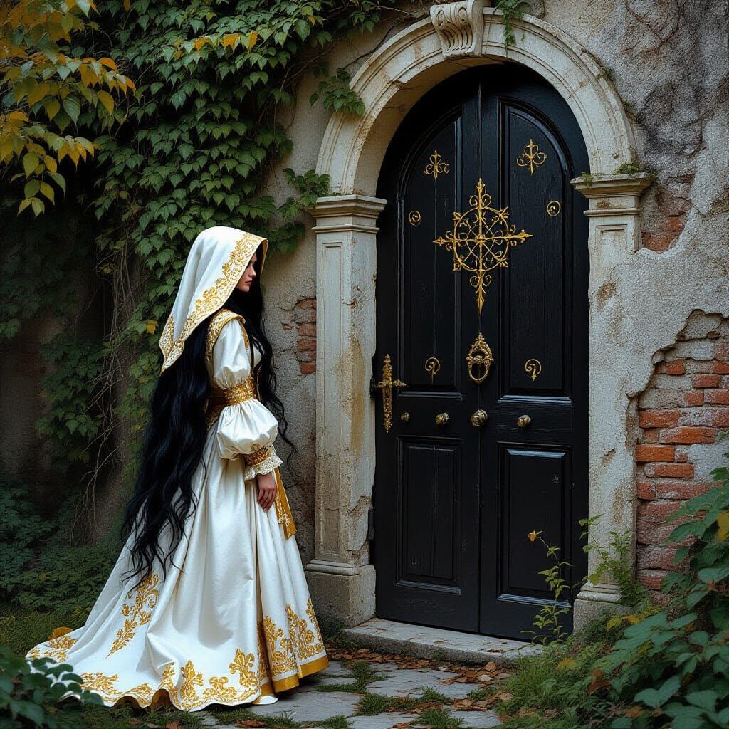 Italian Woman and Mysterious Door, Hyperrealistic Portrait