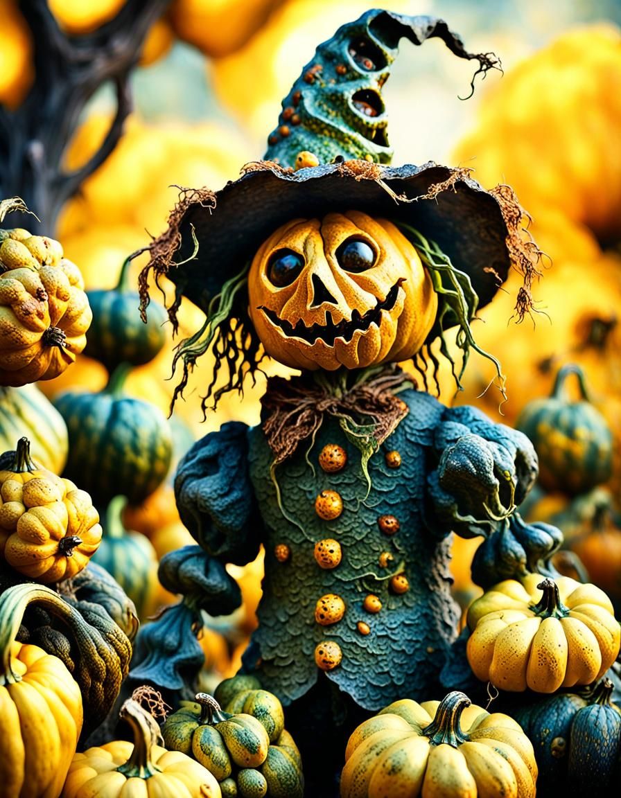 Scarecrow in warty gourd patch