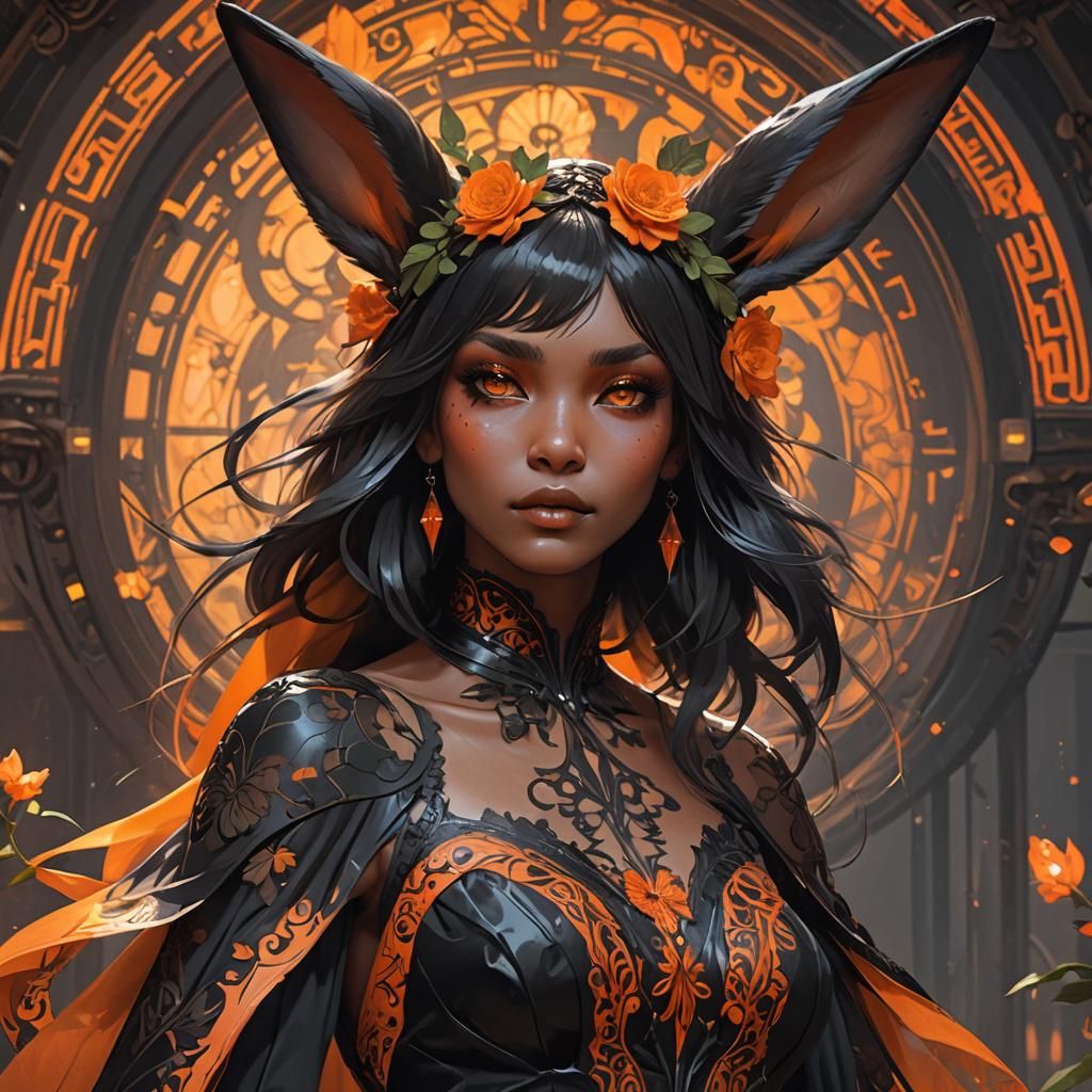 Rabbit Girl in Ornate Wedding Dress, Hyperdetailed Portrait