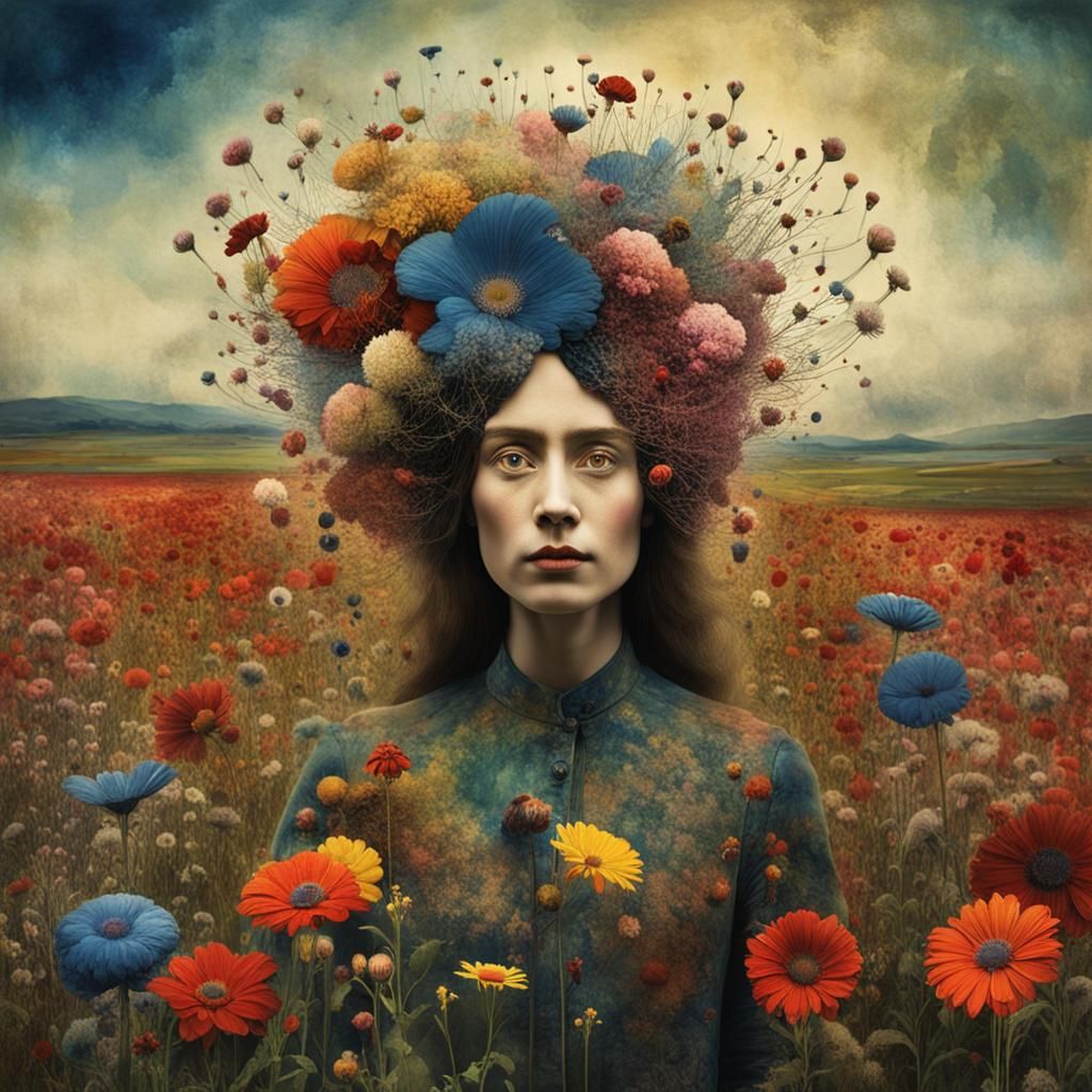 Woman in Flower Field, Surreal Magical Realism