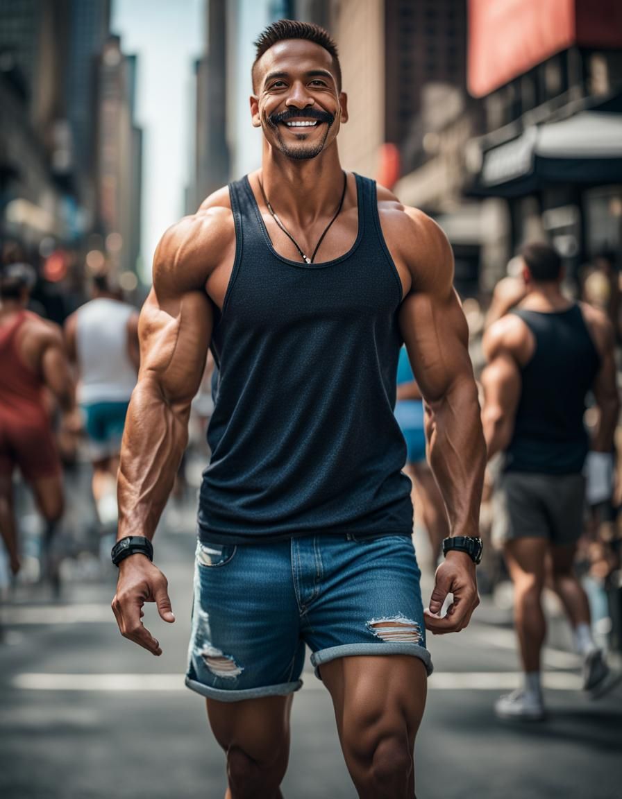 Muscular Man Smiling in New York, Analog Style