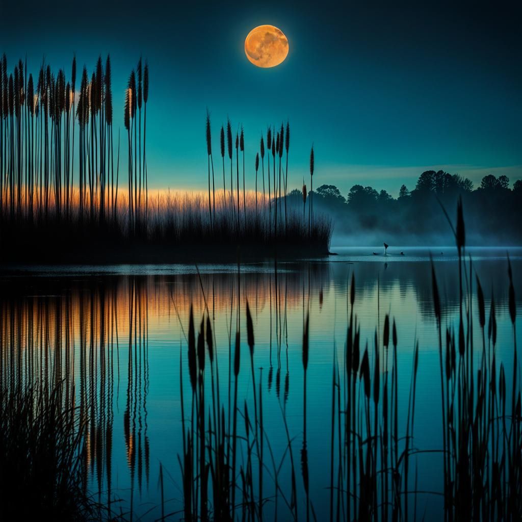 Cranes Silhouetted Against a Softly Lit Reed-Covered Lake