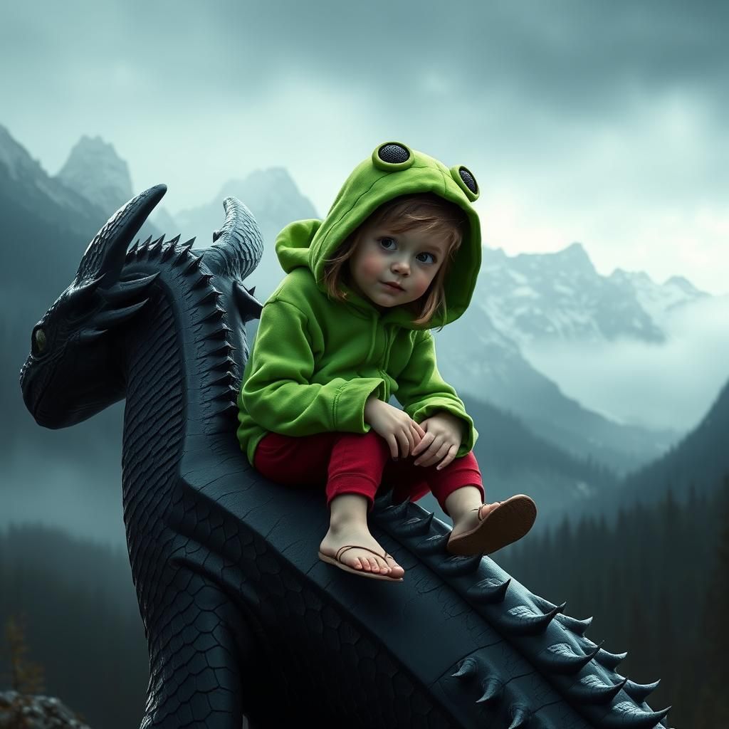 Girl on Metallic Dragon in Nordic Landscape