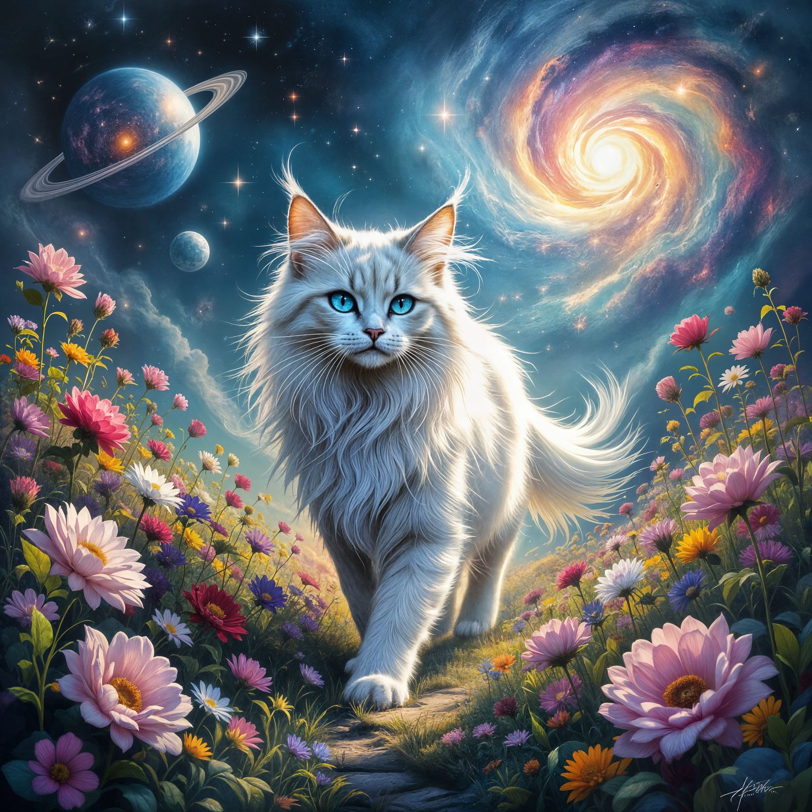 Ethereal Moonlit Cat in Cosmic Star Garden