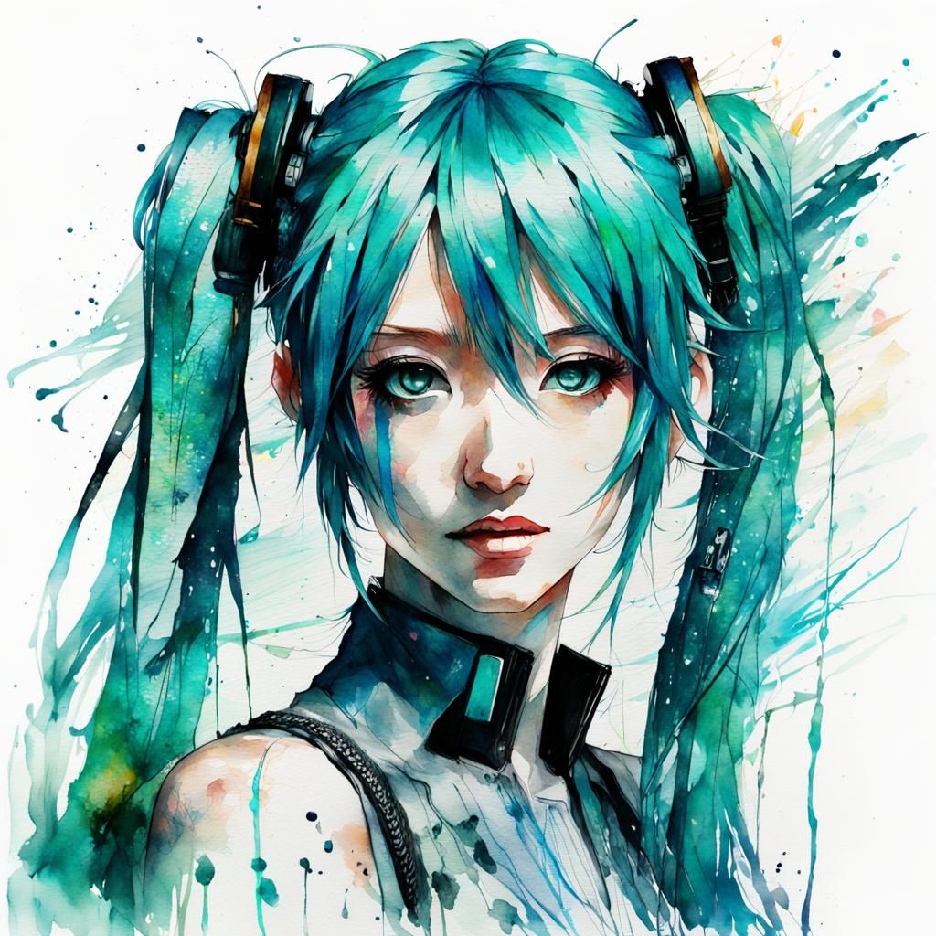 Hatsune Miku Watercolour Portrait in 8k