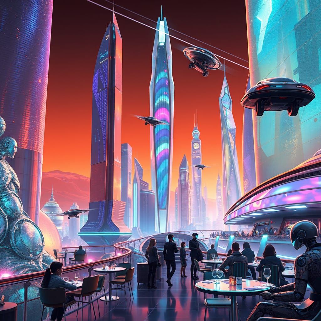 Mars Metropolis with Iridescent Skyscrapers and Bioluminesce...