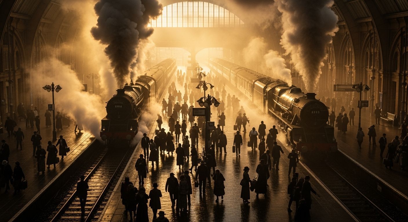 Victorian Train Station at Twilight: Steam Age Grandeur