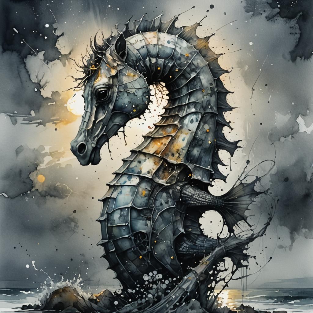 Watercolor Seahorse Under a Sunset Sky