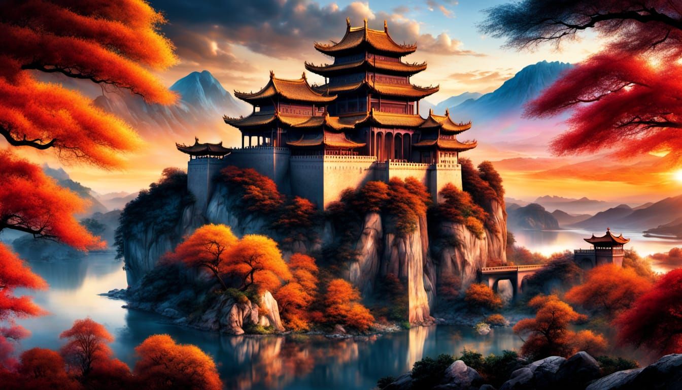 Chinese landscape, sunset, rainbow, river, Chinese palace against the Chinese landscape