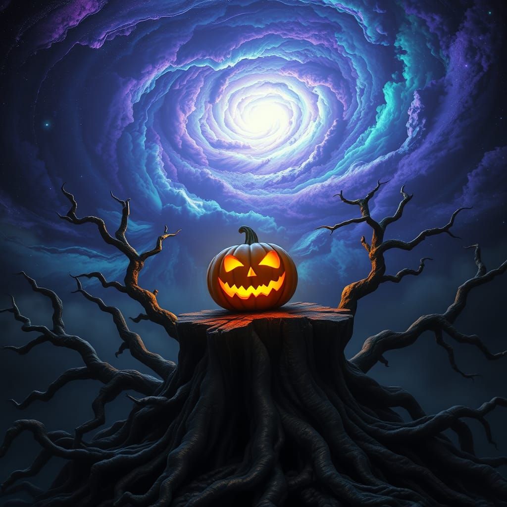 Glowing Jack-o'-Lantern with Unraveling Universe in Dreamlik...