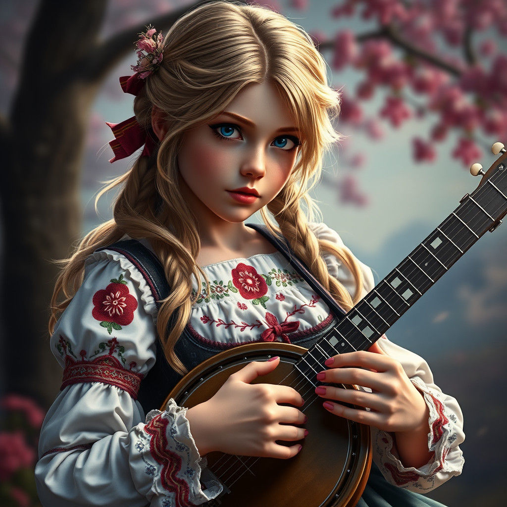 Romantic Bavarian Girl Playing Banjo, Detailed Matte Paintin...