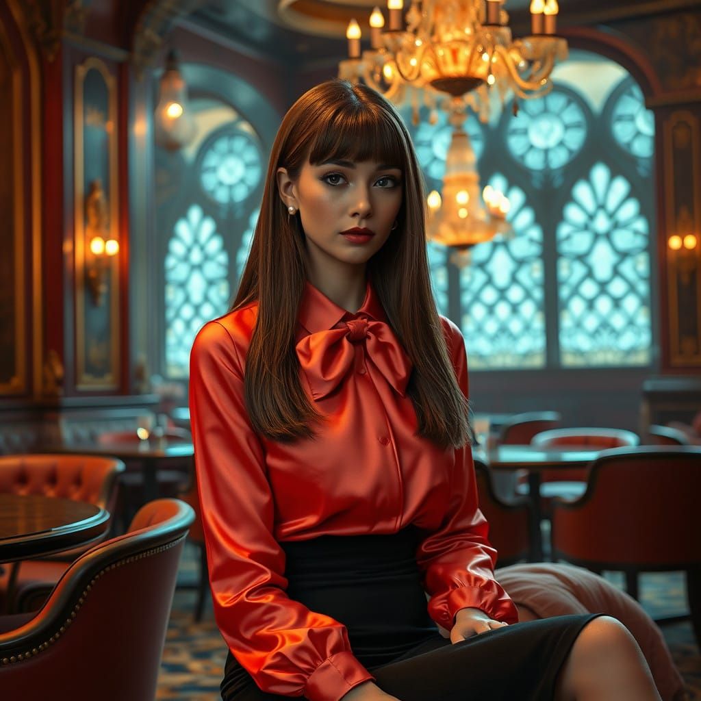 Elegant Woman in 1970s Style, Set in a Luxurious Hotel Bar,...