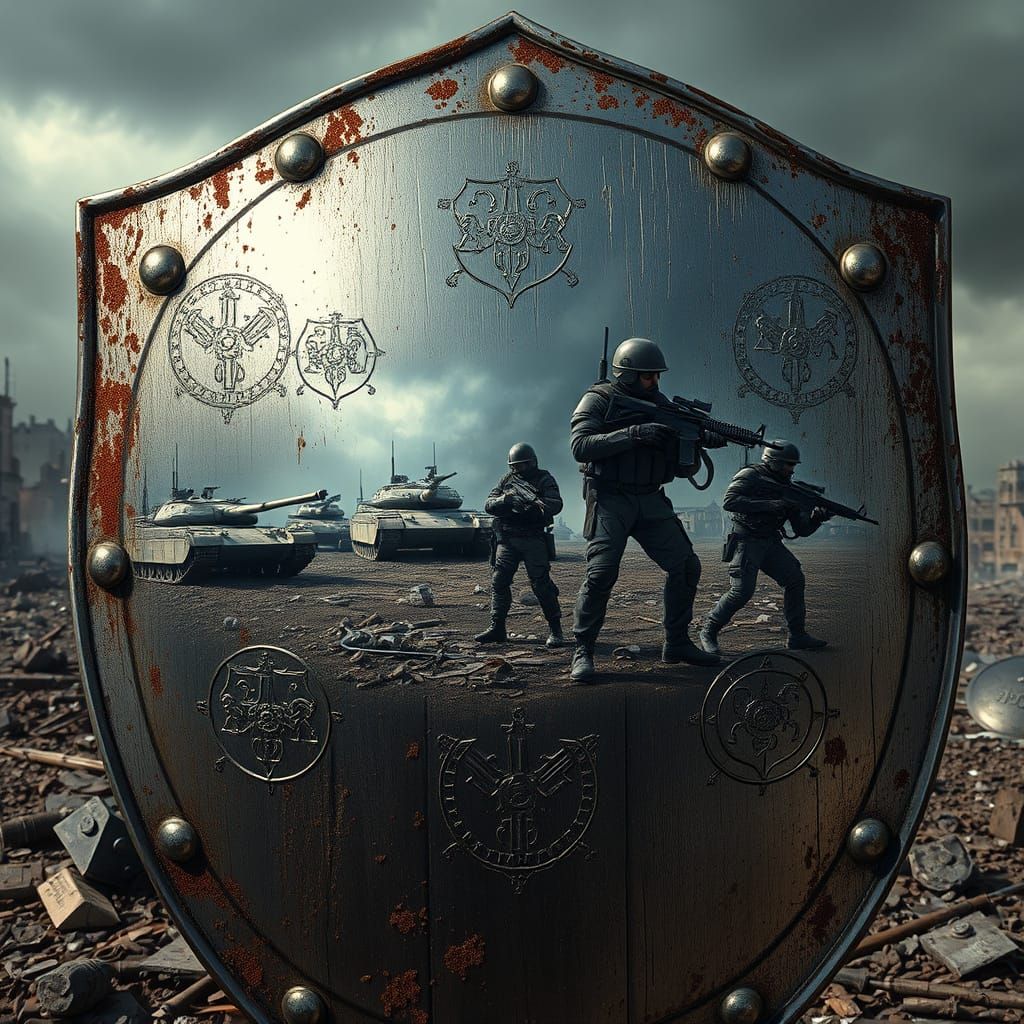 Weathered Medieval Shield Reflects a War-Torn Modern Landsca...