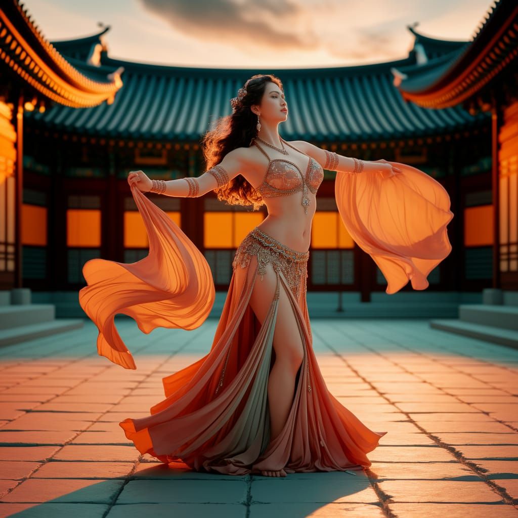 Korean Anime Belly Dancer in Temple Courtyard