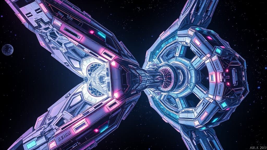 Janinar 7 A majestic, luminous space station, comprising interconnected modules, each with a gleaming metallic latticewo...