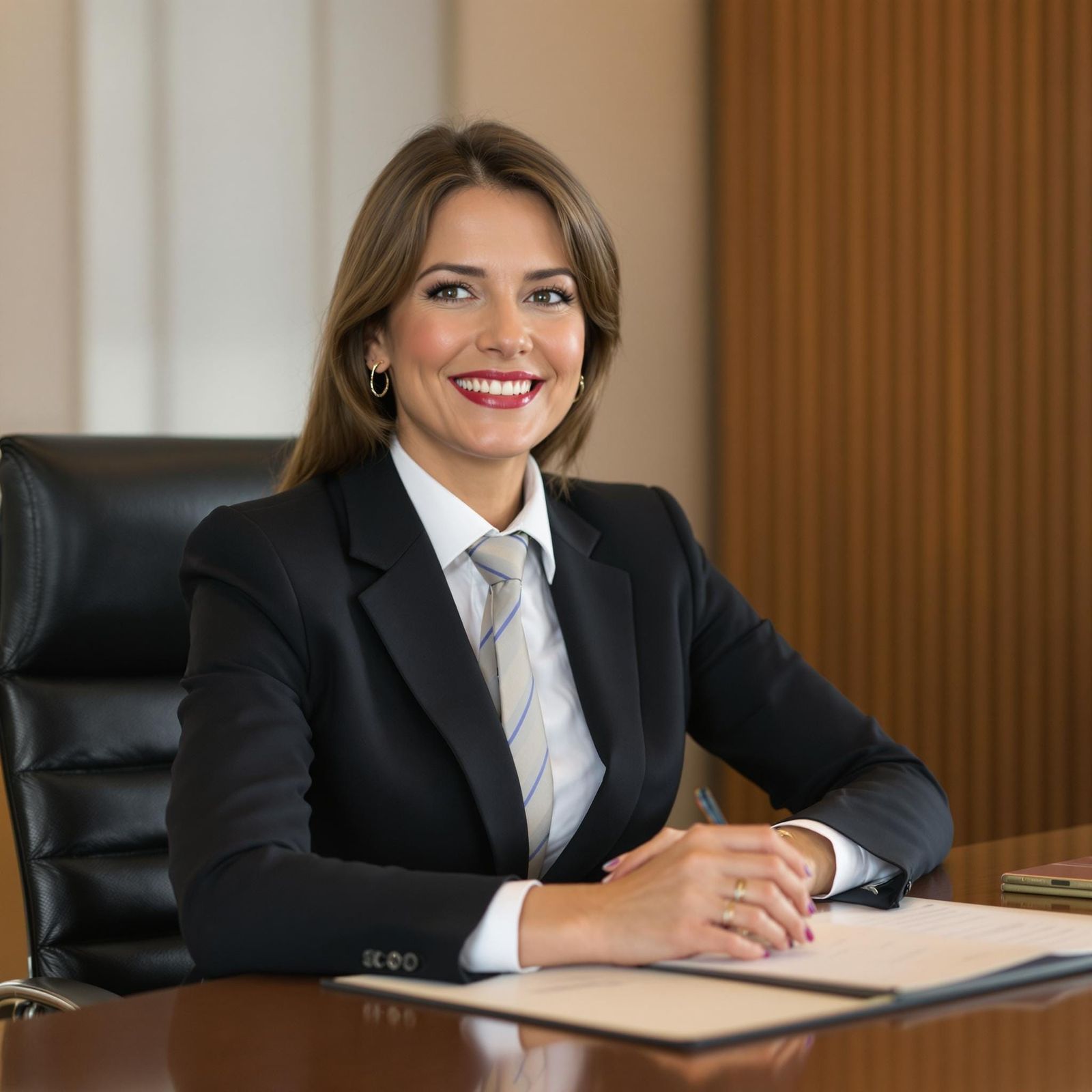 Professional Woman in Ascot Tie in Corporate Boardroom