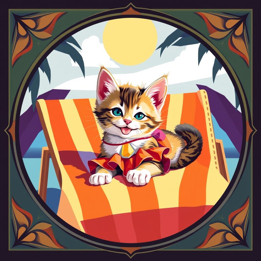 Kitten on Sun Lounger in Cubist Fauvist Style