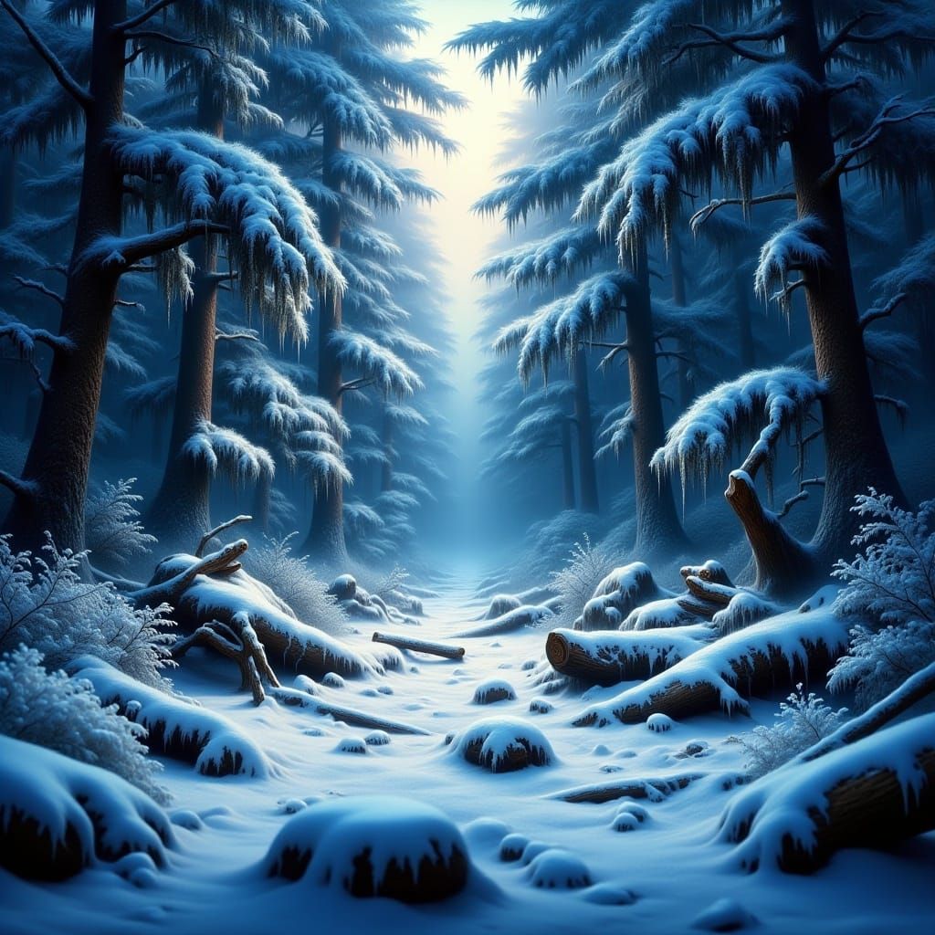 <lora:Flux Romantic Paint:1.0> The forest transforms into a dazzling scene of tranquility, as gently falling snow imbues...