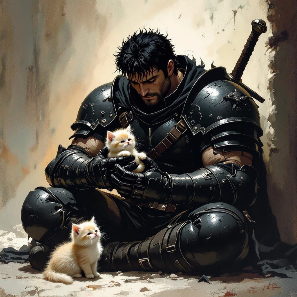 Guts Cradling Kitten: Dramatic Armor in Dim Light
