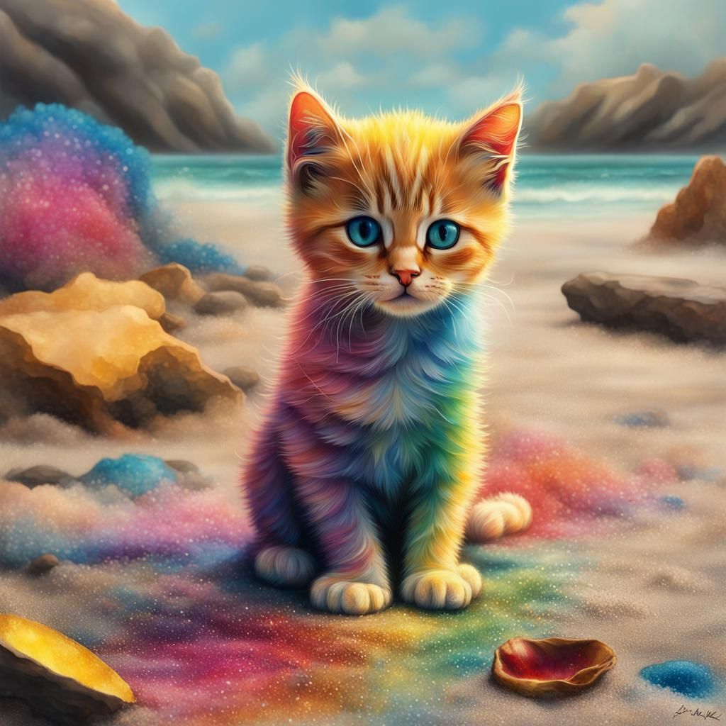 Rainbow Kittens on Surreal Beach in Splash Art Style