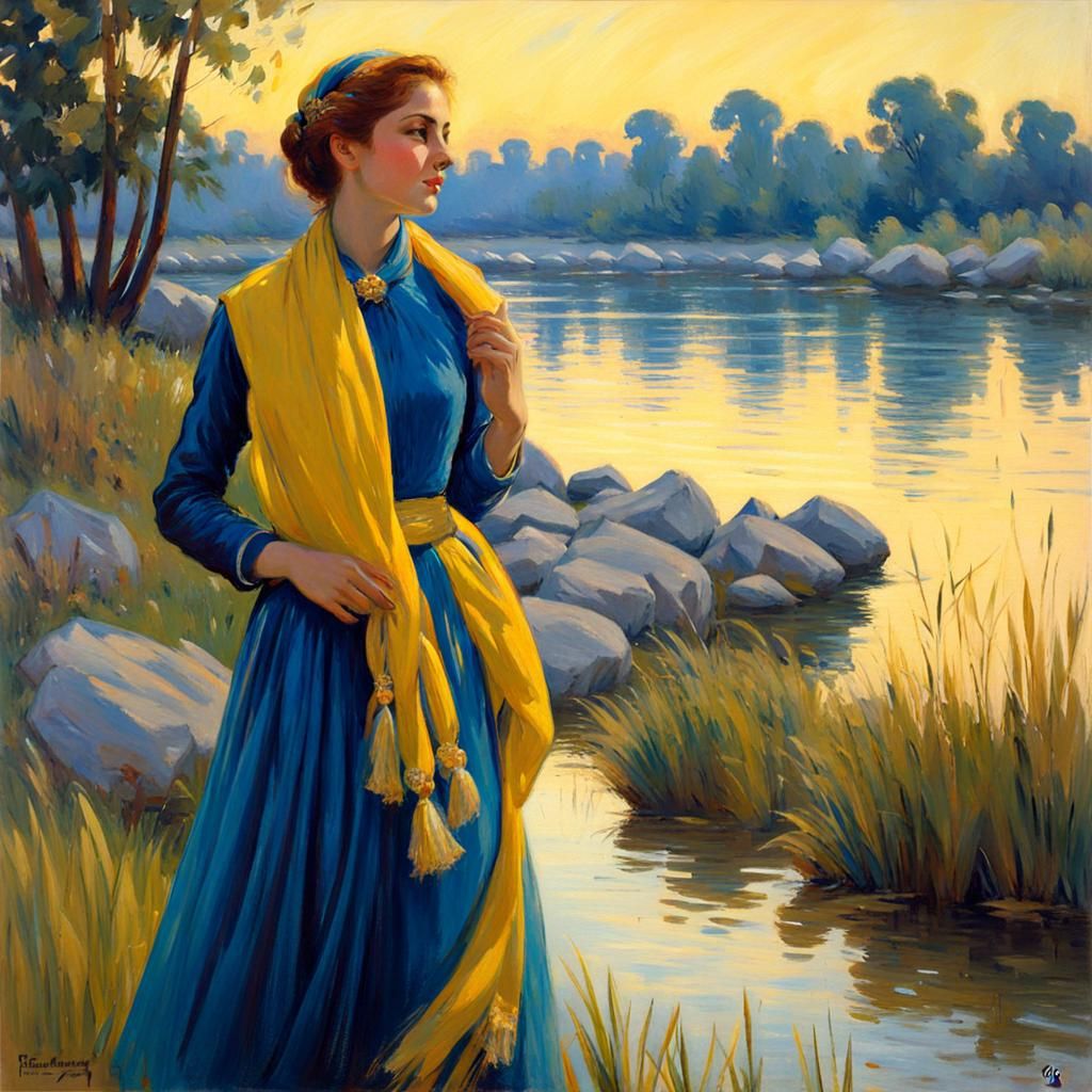 Impressionist Woman in Blue by Riverbank