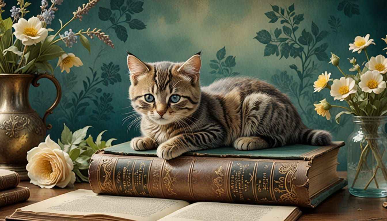 Kitten curled up on antique books.