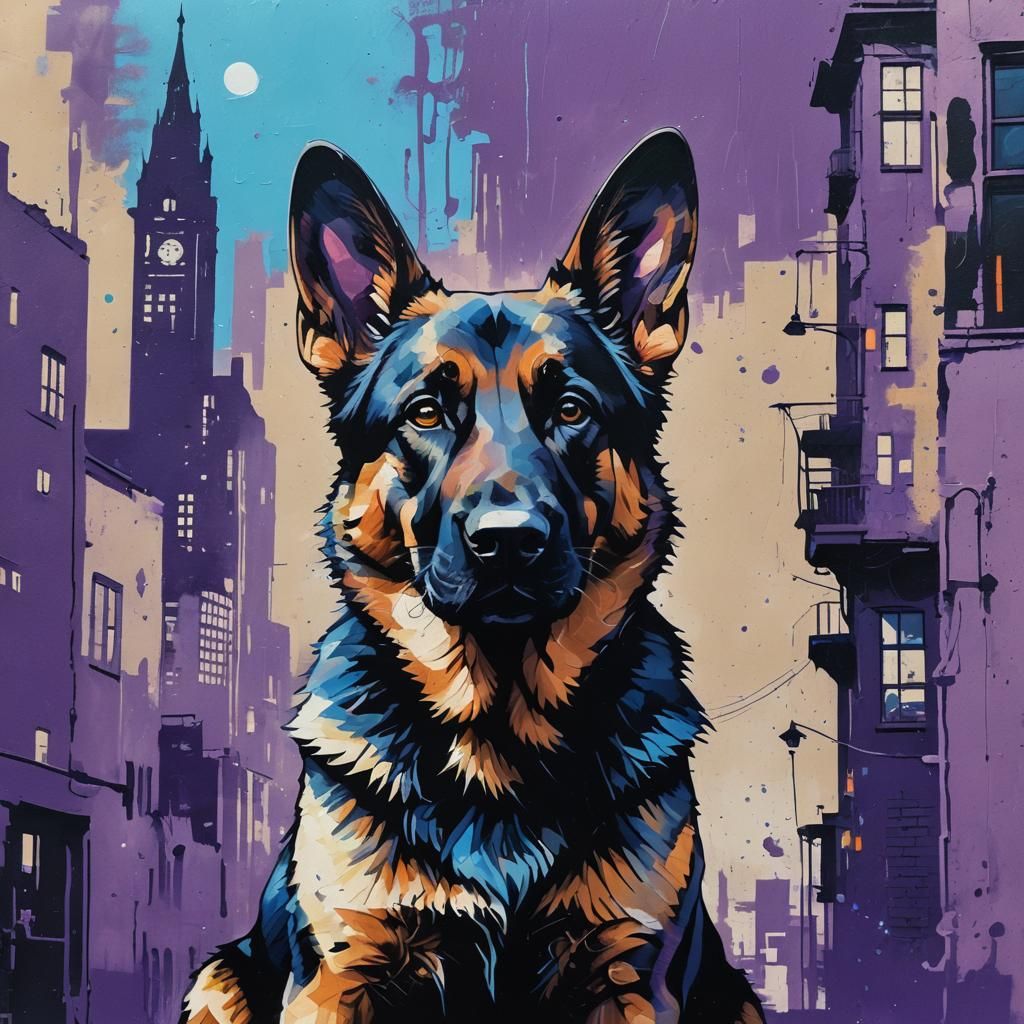 German Shepherd Stencil Art in Stylized Cityscape