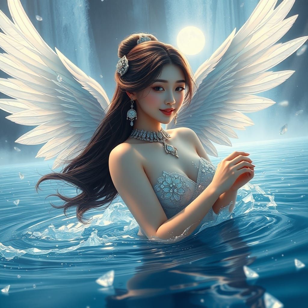 Kinnaree with Angel Wings in Diamond Waterfall