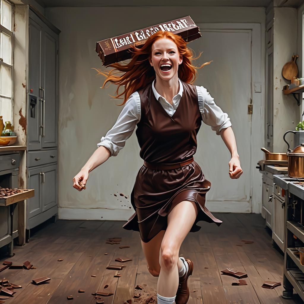Redhead Woman Escaping Giant Chocolate Bar