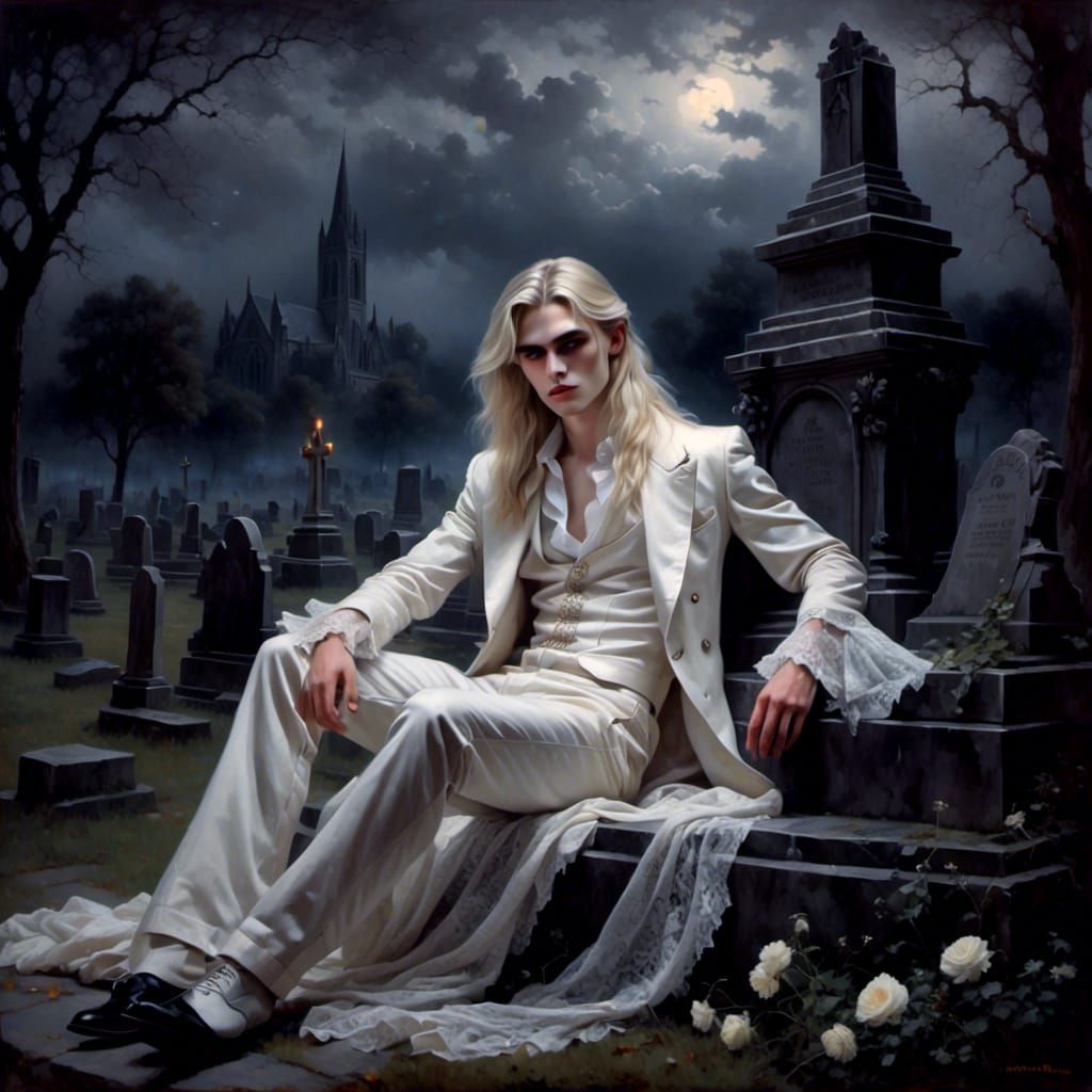 Young Vampire in Cemetery with White Lace, Gothic Style