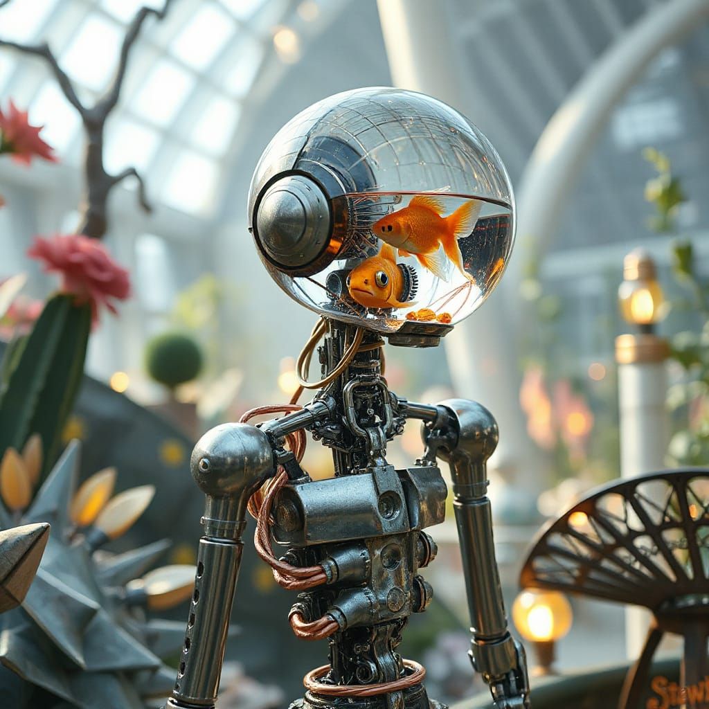 Robot with Aquatic Head in Futuristic Garden