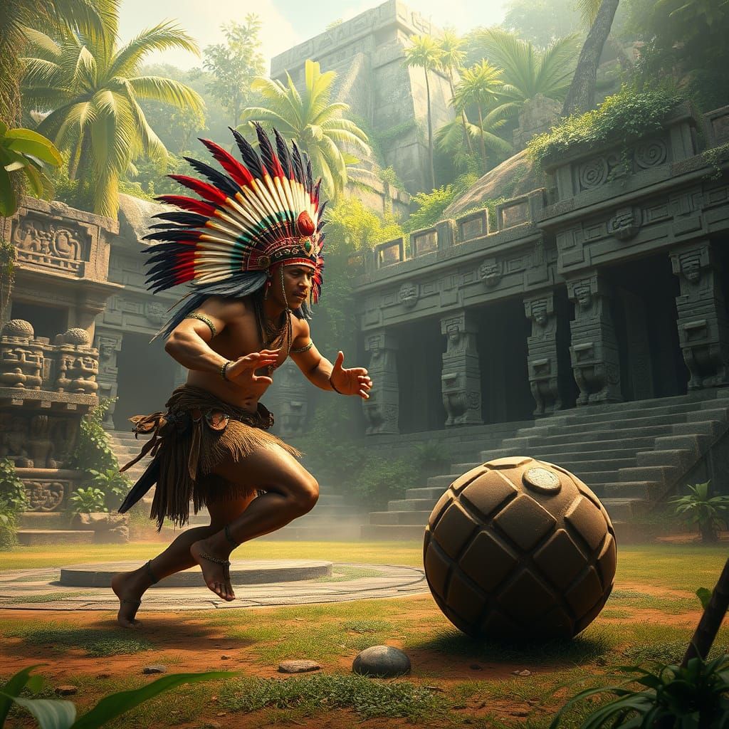 Mayan Warrior Plays Ballgame in Jungle Court