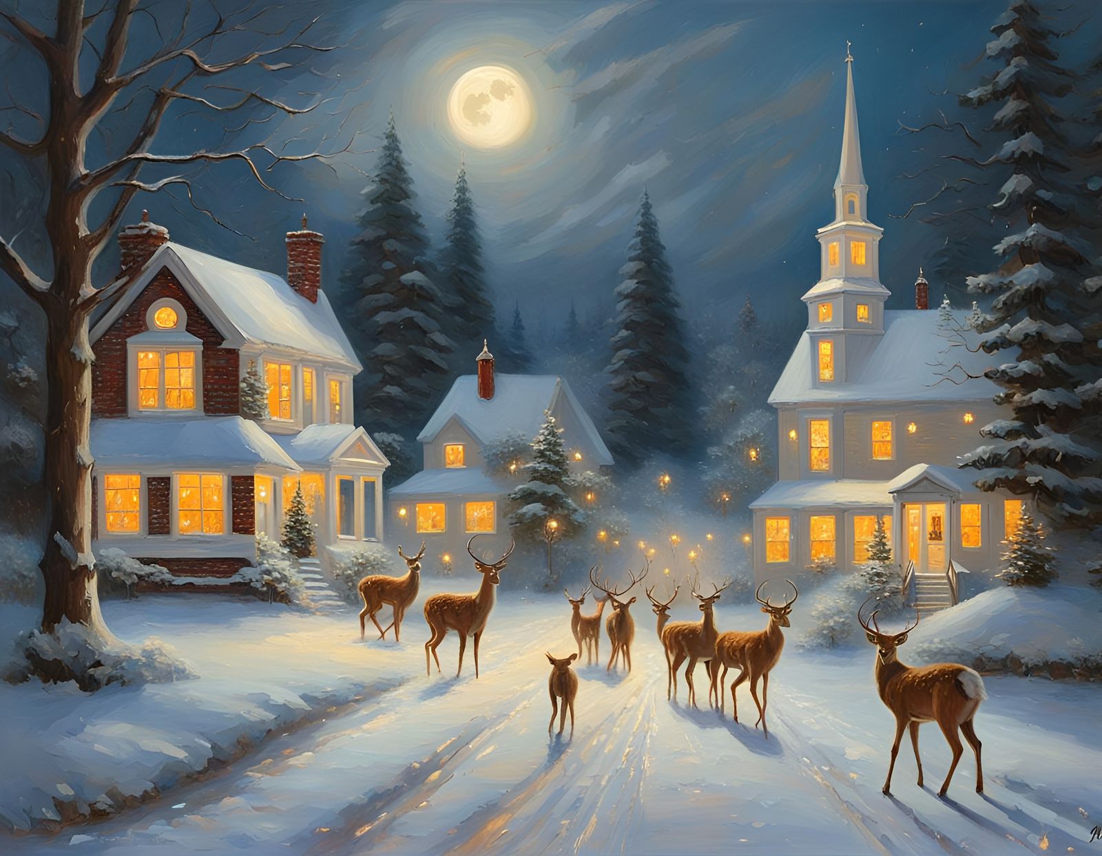 Winter Village Scene with Family and Deer, Kinkade Style