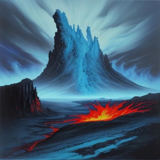 Surreal Ice Machine in Hell Landscape, Dreamlike Painting