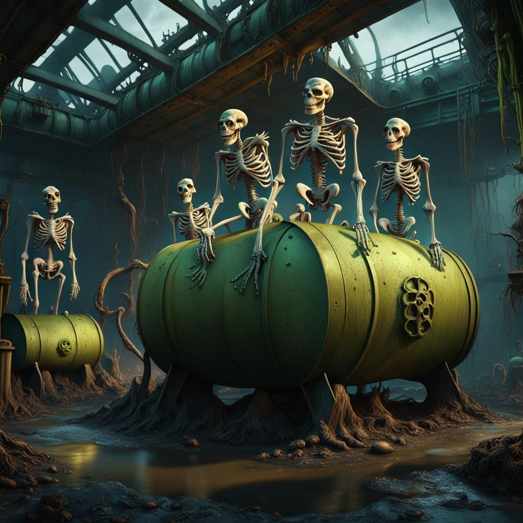 Grinch Skeletons in Oil Tank: Detailed Matte Painting