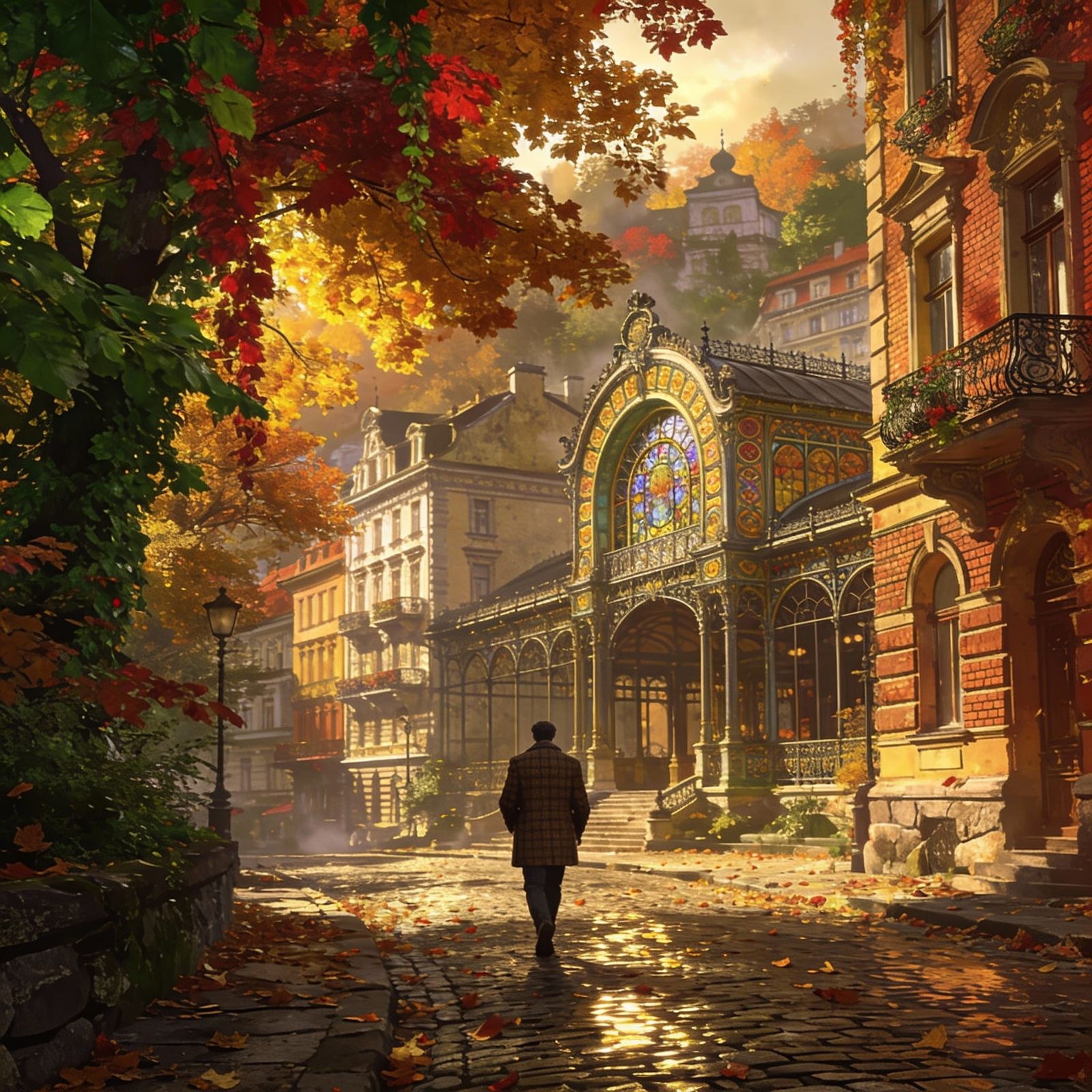 Autumn Street Scene in Karlovy Vary with Golden Light