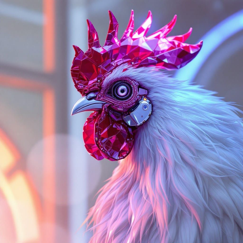Hyperrealistic Metallic Rooster in Futuristic Style