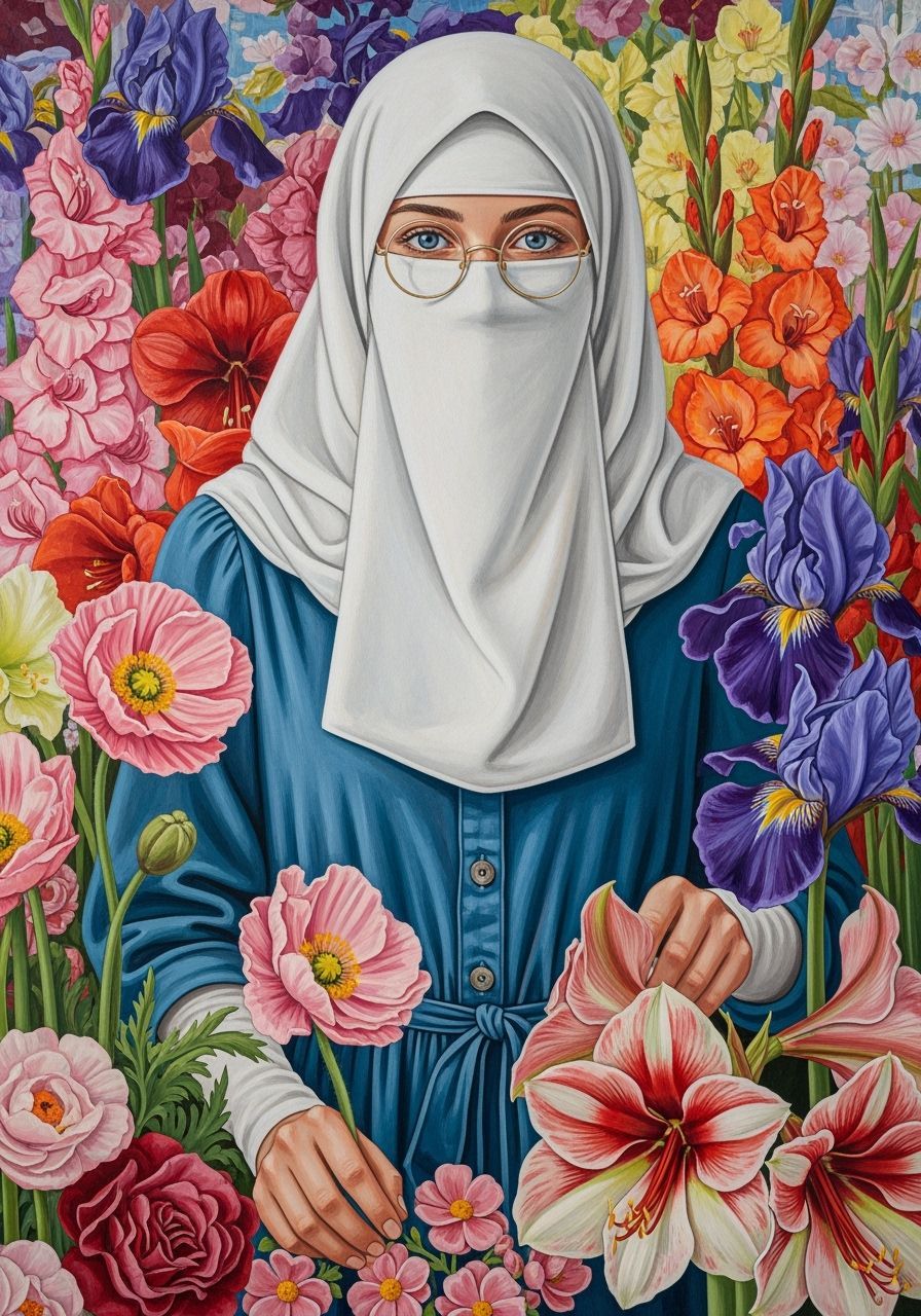 Swedish Niqabi Florist Among Vibrant Colorful Blooms