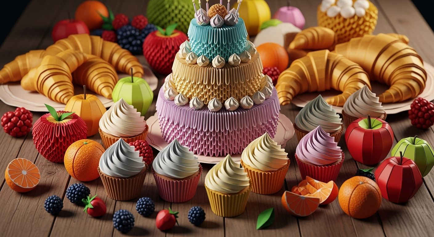 Hyper-Realistic Origami Feast on Rustic Table