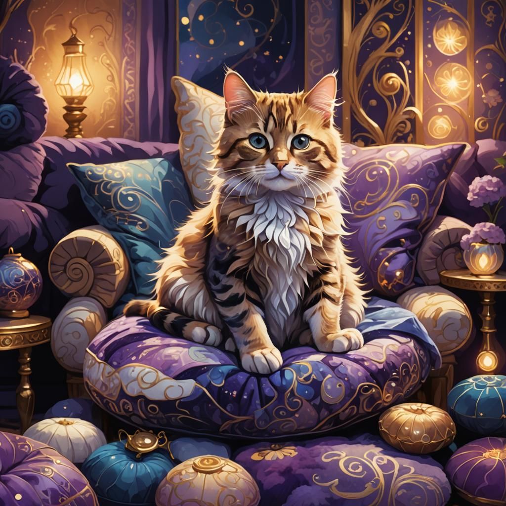 Cute Cat in Mystical Room: Fantasy Concept Art