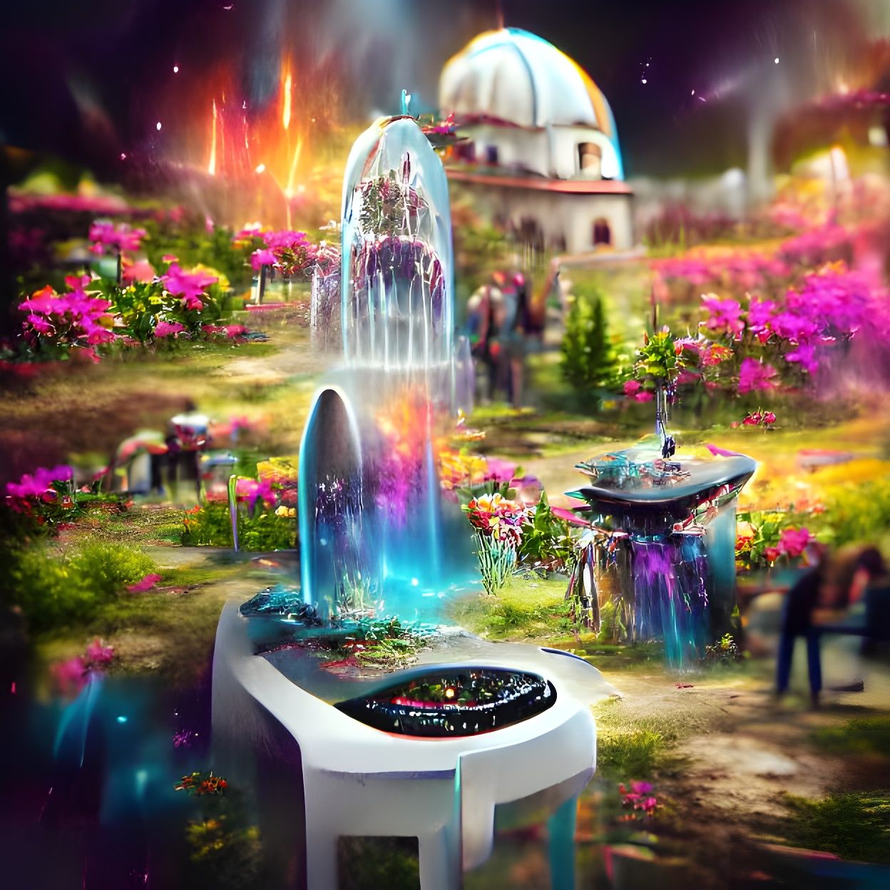 Magical Flower Garden Water Fountain in Mixed Media