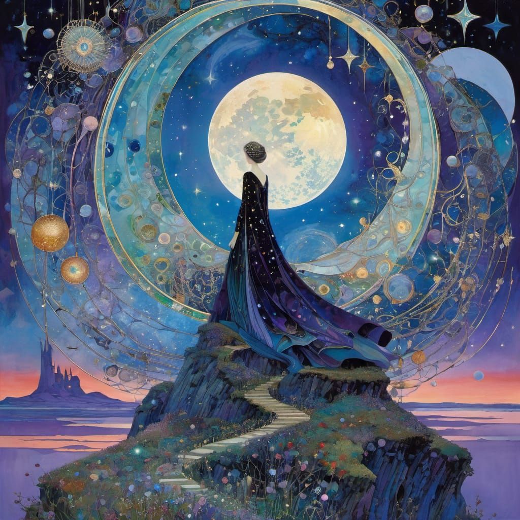 Magical Surrealist Moon Stars Galaxy in Art Nouveau Style