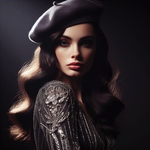 Elegant Dark-Haired Woman in Retrofuturistic Neo-Noir